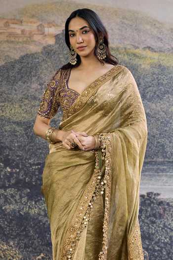 Itrh_Gold Silk, Tissue Sequins, Zari, Mirrors, Embroidery Zarvika Fusion Saree Set _Online_at_Aza_Fashions