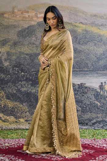 Buy_Itrh_Gold Silk, Tissue Sequins, Zari, Mirrors, Embroidery Zarvika Fusion Saree Set _Online_at_Aza_Fashions