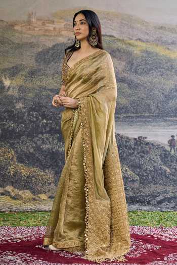 Shop_Itrh_Gold Silk, Tissue Sequins, Zari, Mirrors, Embroidery Zarvika Fusion Saree Set _Online_at_Aza_Fashions