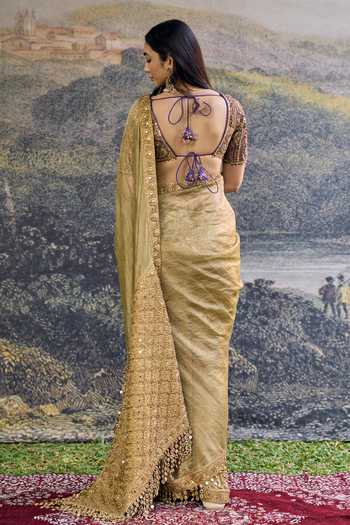 Shop_Itrh_Gold Silk, Tissue Sequins, Zari, Mirrors, Embroidery Zarvika Fusion Saree Set _at_Aza_Fashions