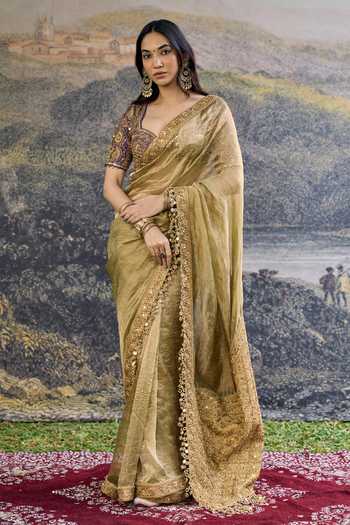 Itrh_Gold Silk, Tissue Sequins, Zari, Mirrors, Embroidery Zarvika Fusion Saree Set _at_Aza_Fashions