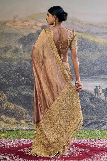 Shop_Itrh_Gold Tissue, Brocade Zari, Mirrors, Tassels Sweetheart Neck Trinaya Saree Set _at_Aza_Fashions
