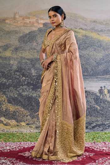 Buy_Itrh_Gold Tissue, Brocade Zari, Mirrors, Tassels Sweetheart Neck Trinaya Saree Set _Online_at_Aza_Fashions