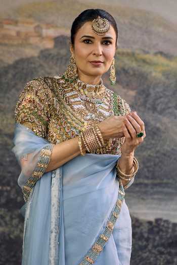 Itrh_Blue Organza Zari, Beads Choker Neck Neelambari Saree Set _Online_at_Aza_Fashions