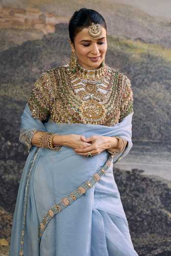 Buy_Itrh_Blue Organza Zari, Beads Choker Neck Neelambari Saree Set _Online_at_Aza_Fashions