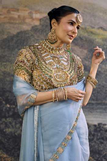 Shop_Itrh_Blue Organza Zari, Beads Choker Neck Neelambari Saree Set _Online_at_Aza_Fashions