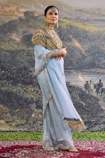 Shop_Itrh_Blue Organza Zari, Beads Choker Neck Neelambari Saree Set _at_Aza_Fashions