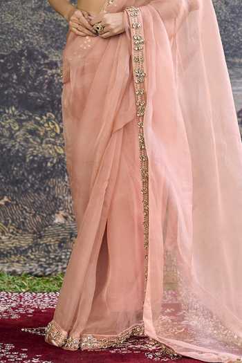 Itrh_Peach Organza Embroidery, Mirrors Choker Neck Padmika Saree Set _Online_at_Aza_Fashions