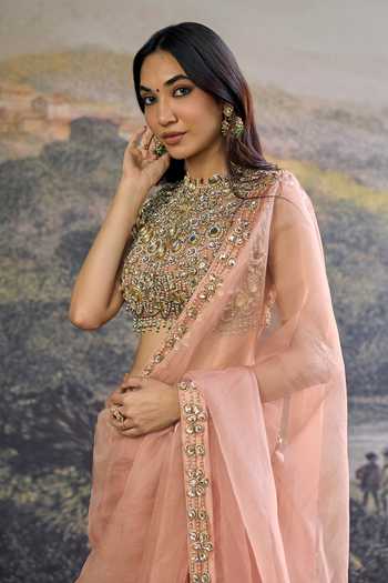 Buy_Itrh_Peach Organza Embroidery, Mirrors Choker Neck Padmika Saree Set _Online_at_Aza_Fashions