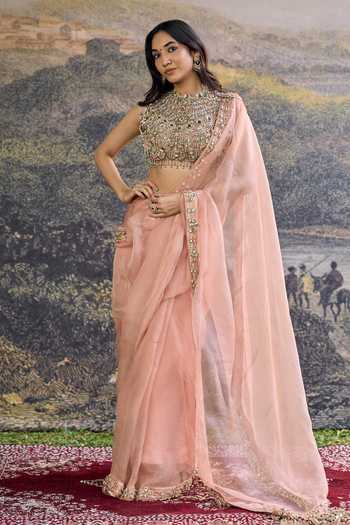 Buy_Itrh_Peach Organza Embroidery, Mirrors Choker Neck Padmika Saree Set _at_Aza_Fashions