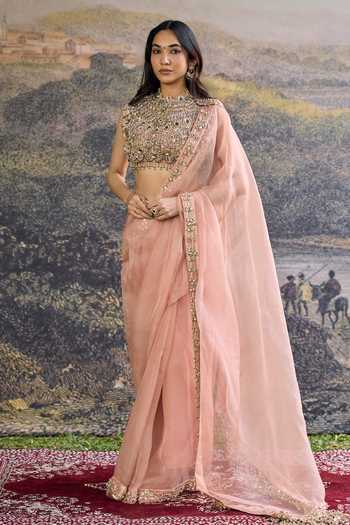 Shop_Itrh_Peach Organza Embroidery, Mirrors Choker Neck Padmika Saree Set _Online_at_Aza_Fashions