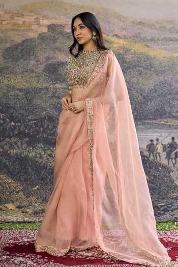 Buy_Itrh_Peach Organza Embroidery, Mirrors Choker Neck Padmika Saree Set 