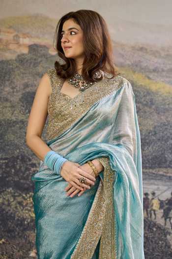 Itrh_Turquoise Tissue Embroidery, Zari Sweetheart Neck Shobhana Saree Set _Online_at_Aza_Fashions