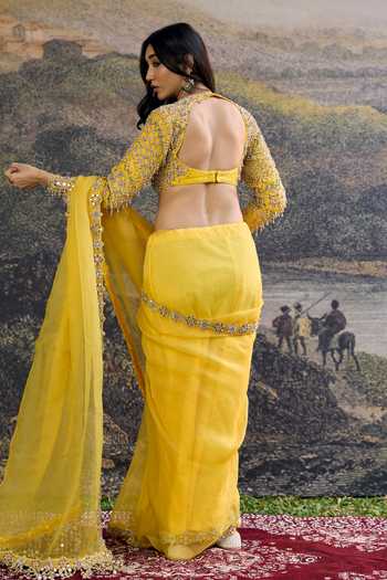 Shop_Itrh_Yellow Silk Zari, Sequins, Beads High Neck Peela Tara Organza Saree Set _at_Aza_Fashions
