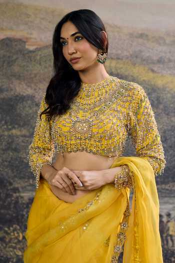 Itrh_Yellow Silk Zari, Sequins, Beads High Neck Peela Tara Organza Saree Set _Online_at_Aza_Fashions
