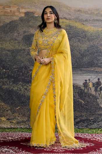 Buy_Itrh_Yellow Silk Zari, Sequins, Beads High Neck Peela Tara Organza Saree Set _at_Aza_Fashions