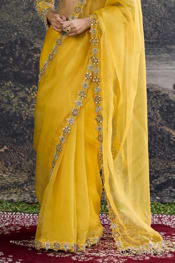 Buy_Itrh_Yellow Silk Zari, Sequins, Beads High Neck Peela Tara Organza Saree Set _Online_at_Aza_Fashions