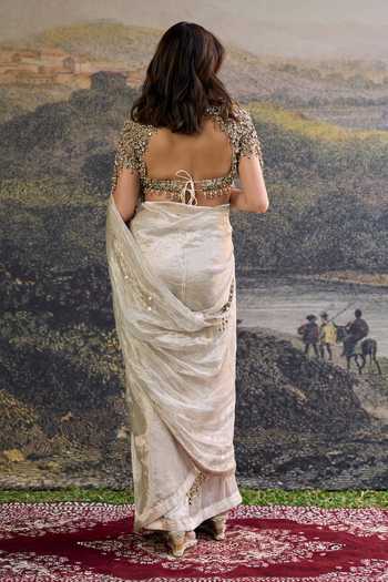 Shop_Itrh_Silver Tissue, Organza Beads, Stones, Mirrors Scoop Neck Iraaya Saree Set _at_Aza_Fashions