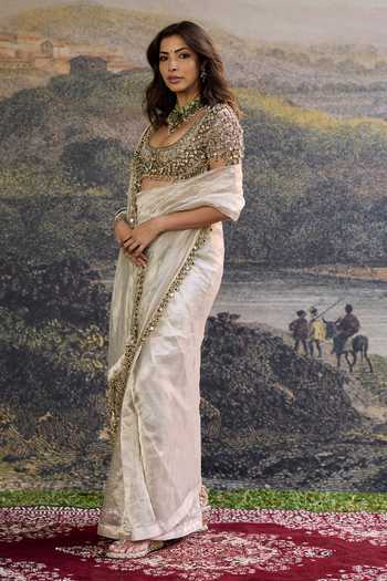 Shop_Itrh_Silver Tissue, Organza Beads, Stones, Mirrors Scoop Neck Iraaya Saree Set _Online_at_Aza_Fashions