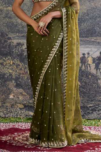 Itrh_Olive Green Organza, Silk Stones, Beads Round Neck Zoya Jewel Saree Set _Online_at_Aza_Fashions