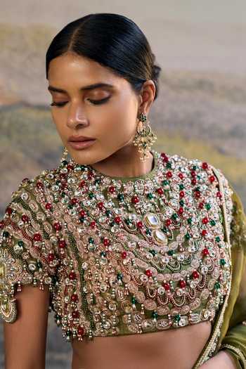 Buy_Itrh_Olive Green Organza, Silk Stones, Beads Round Neck Zoya Jewel Saree Set _Online_at_Aza_Fashions