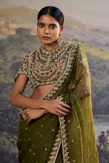 Shop_Itrh_Olive Green Organza, Silk Stones, Beads Round Neck Zoya Jewel Saree Set _Online_at_Aza_Fashions
