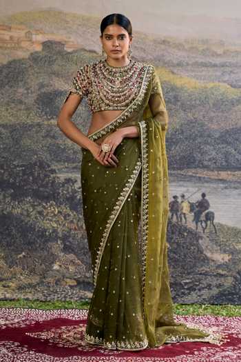 Buy_Itrh_Olive Green Organza, Silk Stones, Beads Round Neck Zoya Jewel Saree Set _at_Aza_Fashions