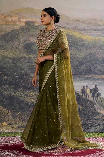 Itrh_Olive Green Organza, Silk Stones, Beads Round Neck Zoya Jewel Saree Set _at_Aza_Fashions