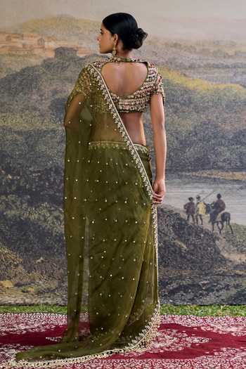Shop_Itrh_Olive Green Organza, Silk Stones, Beads Round Neck Zoya Jewel Saree Set _at_Aza_Fashions