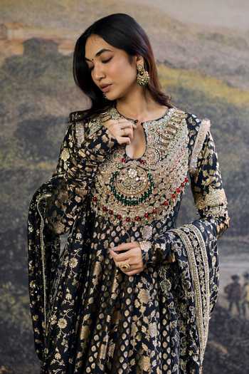 Itrh_Black Brocade, Handloom Cotton, Lycra Beads, Zari, Nishangini Anarkali Set _Online_at_Aza_Fashions