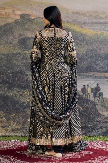 Shop_Itrh_Black Brocade, Handloom Cotton, Lycra Beads, Zari, Nishangini Anarkali Set _at_Aza_Fashions