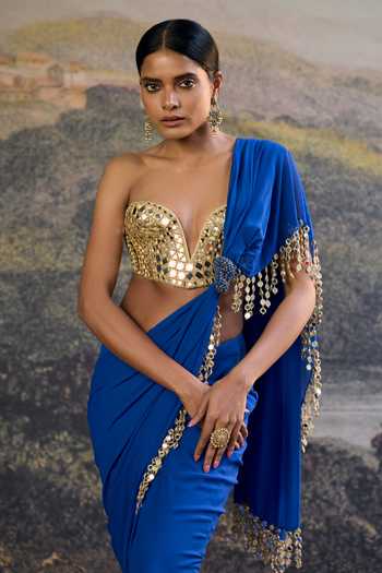 Itrh_Blue Georgette Mirrors Sweetheart Embellished Pre-draped Saree And Corset Set _Online_at_Aza_Fashions
