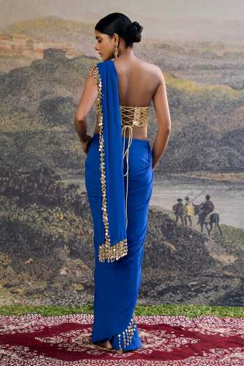 Shop_Itrh_Blue Georgette Mirrors Sweetheart Embellished Pre-draped Saree And Corset Set _at_Aza_Fashions