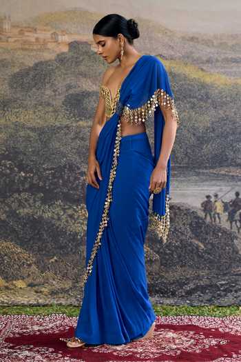 Buy_Itrh_Blue Georgette Mirrors Sweetheart Embellished Pre-draped Saree And Corset Set _Online_at_Aza_Fashions