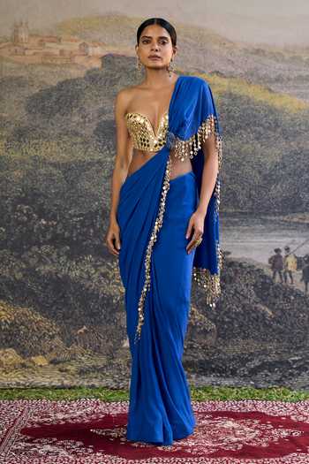 Buy_Itrh_Blue Georgette Mirrors Sweetheart Embellished Pre-draped Saree And Corset Set _at_Aza_Fashions