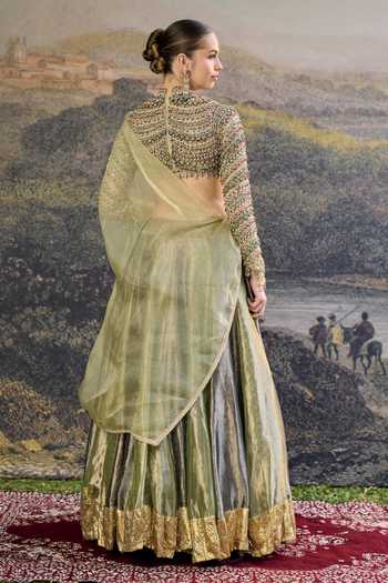 Shop_Itrh_Green Tissue, Organza Zari, Embroidery, Sequins, Zarreen Jadau Lehenga Set _at_Aza_Fashions