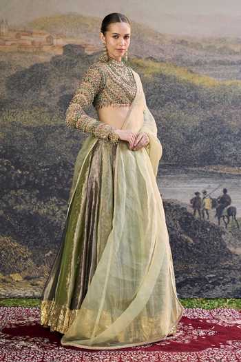 Buy_Itrh_Green Tissue, Organza Zari, Embroidery, Sequins, Zarreen Jadau Lehenga Set _Online_at_Aza_Fashions