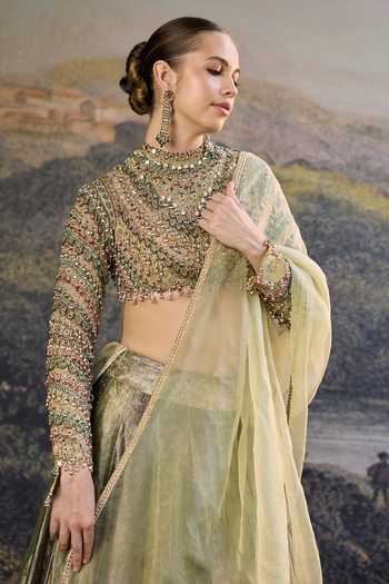 Shop_Itrh_Green Tissue, Organza Zari, Embroidery, Sequins, Zarreen Jadau Lehenga Set _Online_at_Aza_Fashions
