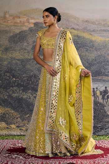 Itrh_Yellow Organza Mirrors Round Neck Rang Mahal Lehenga Set _Online_at_Aza_Fashions