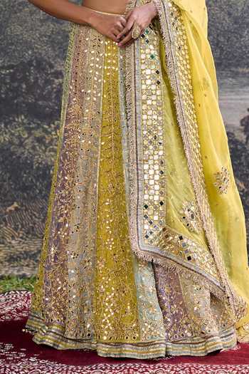 Buy_Itrh_Yellow Organza Mirrors Round Neck Rang Mahal Lehenga Set _Online_at_Aza_Fashions