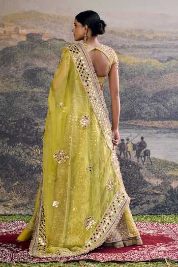 Shop_Itrh_Yellow Organza Mirrors Round Neck Rang Mahal Lehenga Set _at_Aza_Fashions
