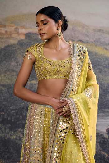 Shop_Itrh_Yellow Organza Mirrors Round Neck Rang Mahal Lehenga Set _Online_at_Aza_Fashions
