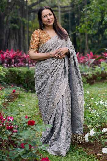 Buy_Itrh_Silver Silk, Tissue Embroidery, Zari V-neck Chandi Rang Heritage Saree Set _at_Aza_Fashions