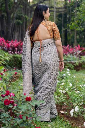 Shop_Itrh_Silver Silk, Tissue Embroidery, Zari V-neck Chandi Rang Heritage Saree Set _at_Aza_Fashions