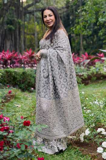 Buy_Itrh_Silver Silk, Tissue Embroidery, Zari V-neck Chandi Rang Heritage Saree Set _Online_at_Aza_Fashions