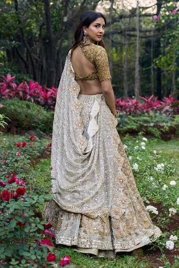 Shop_Itrh_Ivory Silk, Organza Embroidery, Sequins, Zari, Stones, Shahi Saaz Lehenga Set _at_Aza_Fashions