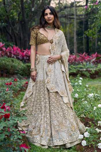 Buy_Itrh_Ivory Silk, Organza Embroidery, Sequins, Zari, Stones, Shahi Saaz Lehenga Set _at_Aza_Fashions