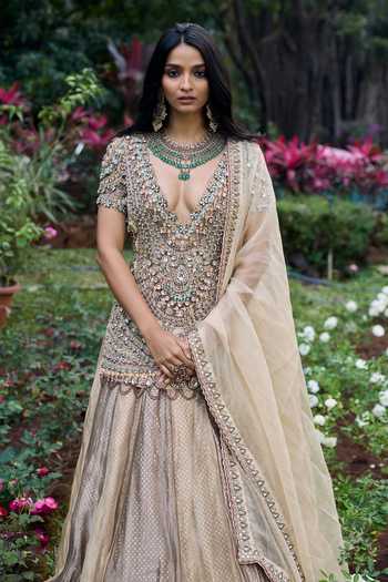 Shop_Itrh_Ivory Organza, Tissue Embroidery, Sequins, Stones, Noor-e-zar Jadau Lehenga Set _at_Aza_Fashions