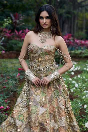 Shop_Itrh_Green Mirrors, Gota Patti Sweetheart Neck Gulnaar Lehenga Set _at_Aza_Fashions
