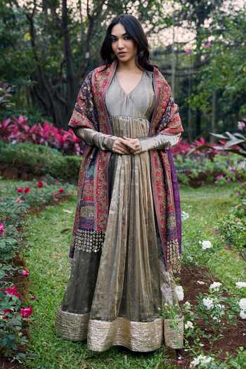 Buy_Itrh_Gold Tissue Zari V-neck Zarbaft Anarkali Set _at_Aza_Fashions